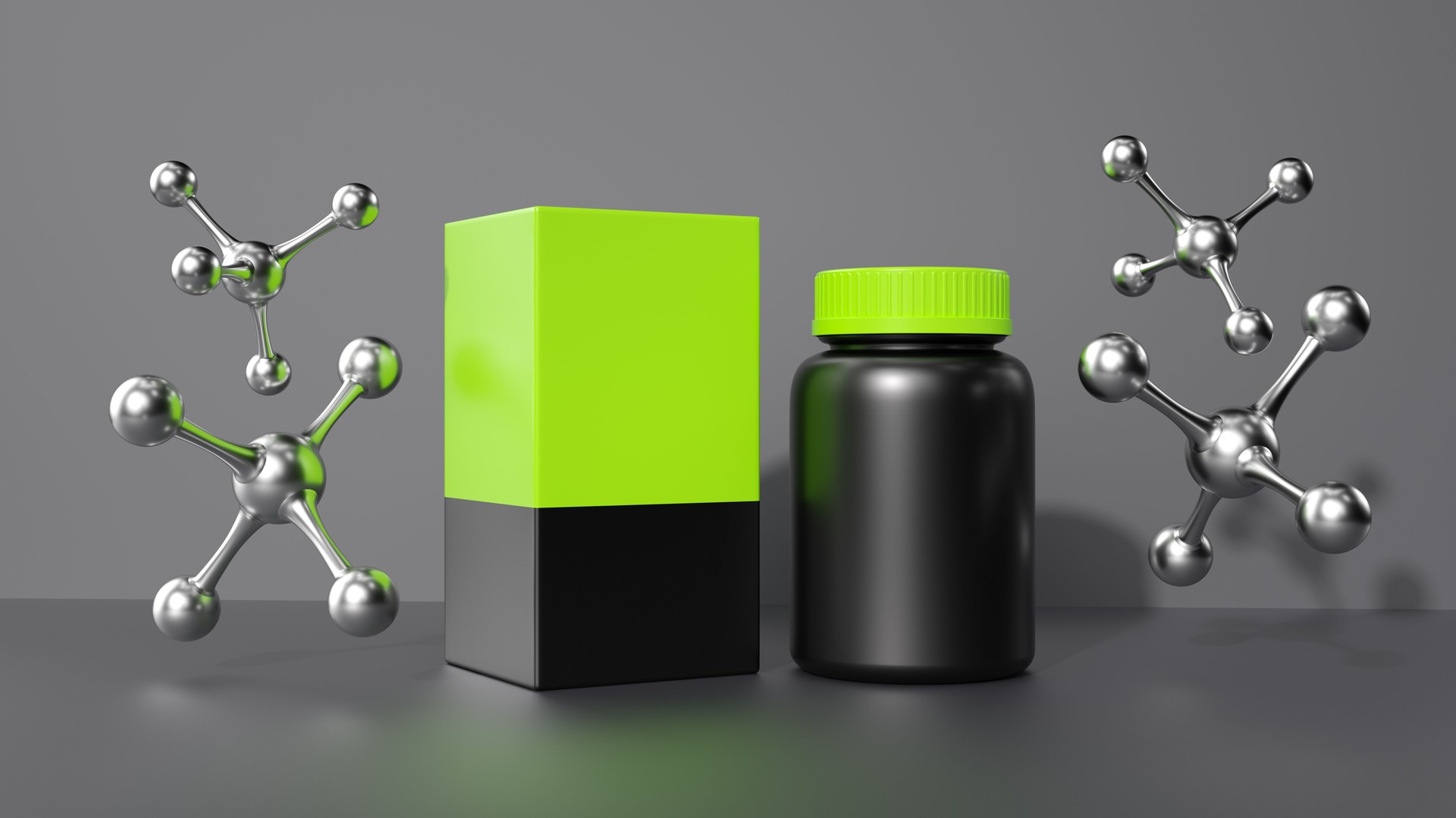 3D rendering of molecular structures, neon green and black supplement bottle, silver atoms, minimalist design, metallic sheen, high contrast, modern branding, scientific aesthetic. 3D render.